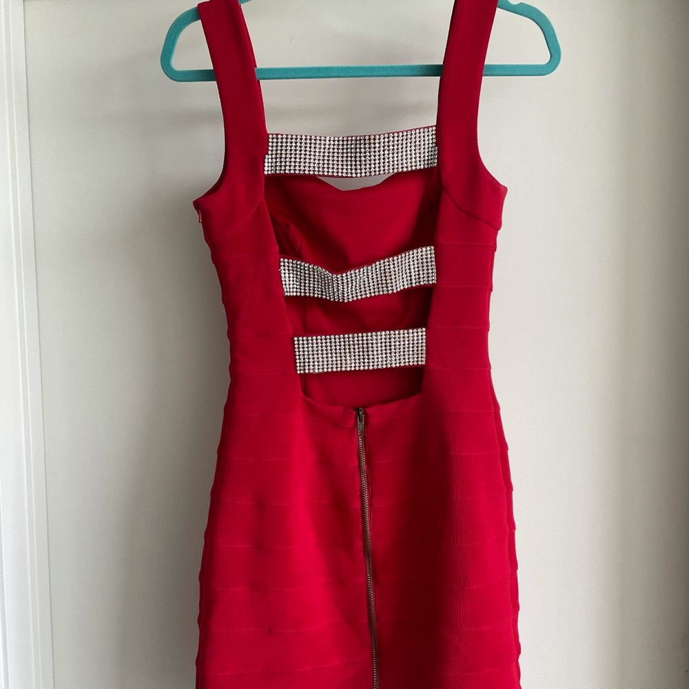 Red bandage rhinestone detailed cocktail dress
